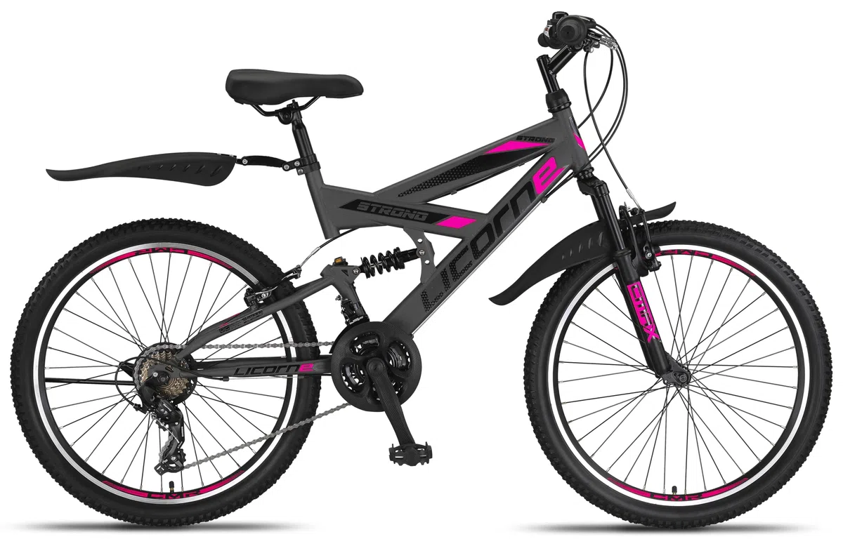 Licorne Bike Premium Mountain Bike Strong da 26 pollici, bicicletta per ragazzi, ragazze, donne e uomini, con cambio Shimano a 21 marce, sospensioni complete