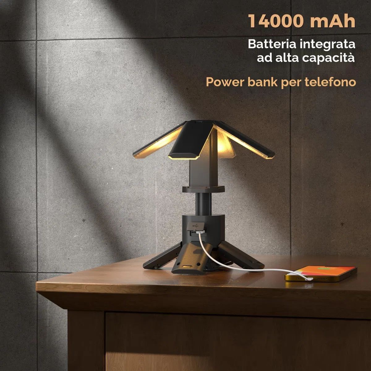 Lampada da campeggio telescopica ricaricabile Clemas, 14000 mAh, LED multifunzione, lanterna magnetica, per cantieri, senza fili, dimmerabile, 6000 lm, IPX5