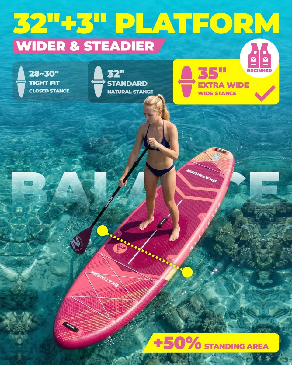 Skatinger Tavole gonfiabili per stand up paddle, 28 x 86 x 15,2 cm, tavola da SUP gonfiabile, tavola da yoga con zaino 1600D, 6 anelli a D extra, tracolla, pinna centrale degli Stati Uniti, pompa a 2