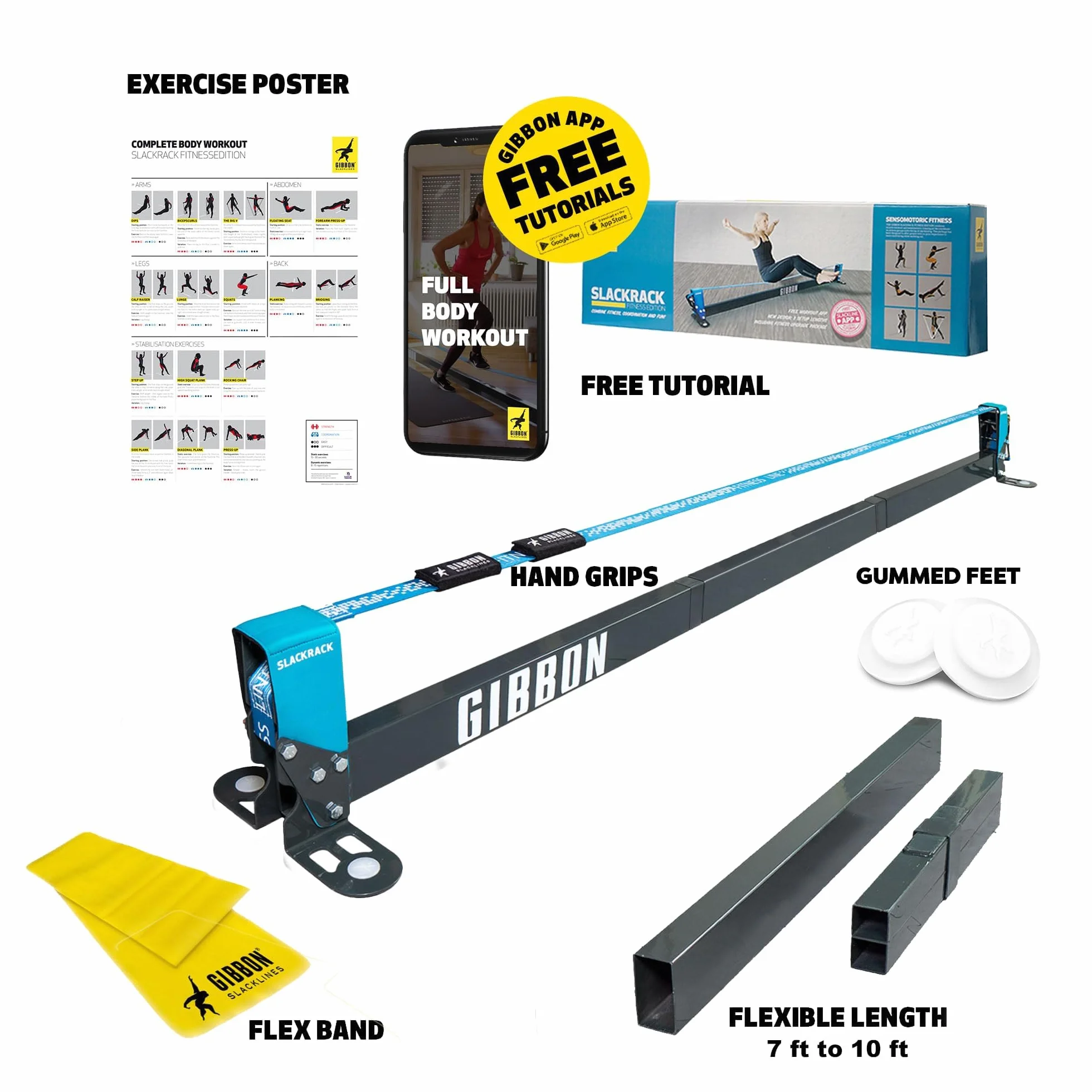 Gibbon Slacklines, Slackrack Fitness Edition, grigio-blu, lunghezza 2 o 3 metri, con 2 maniglie, banda elastica e poster con 16 diversi esercizi, larghezza della fettuccia: 2"/5 cm, altezza: 30 cm