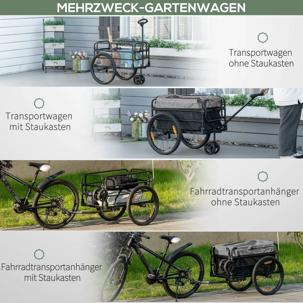 HOMCOM Rimorchio per bicicletta 2 in 1, rimorchio da trasporto, pneumatici da 20 pollici, capacità di carico 40 kg, in acciaio, tessuto Oxford, nero+grigio, 130 x 64 x 64/103 cm