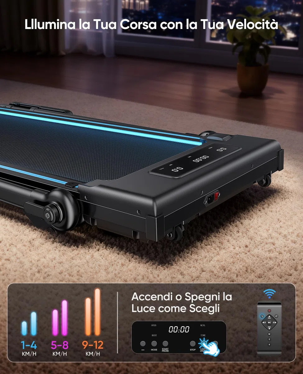 Tapis Roulant Elettrico Piehevole, 6 IN 1 Tapis Roulant Salvaspazio 1-12km/h con Inclinazione 12%, 3,0 HP, Maniglia Telescopica da 15 cm e Cintura Luminosa RGB, Carico Massimo 150 kg