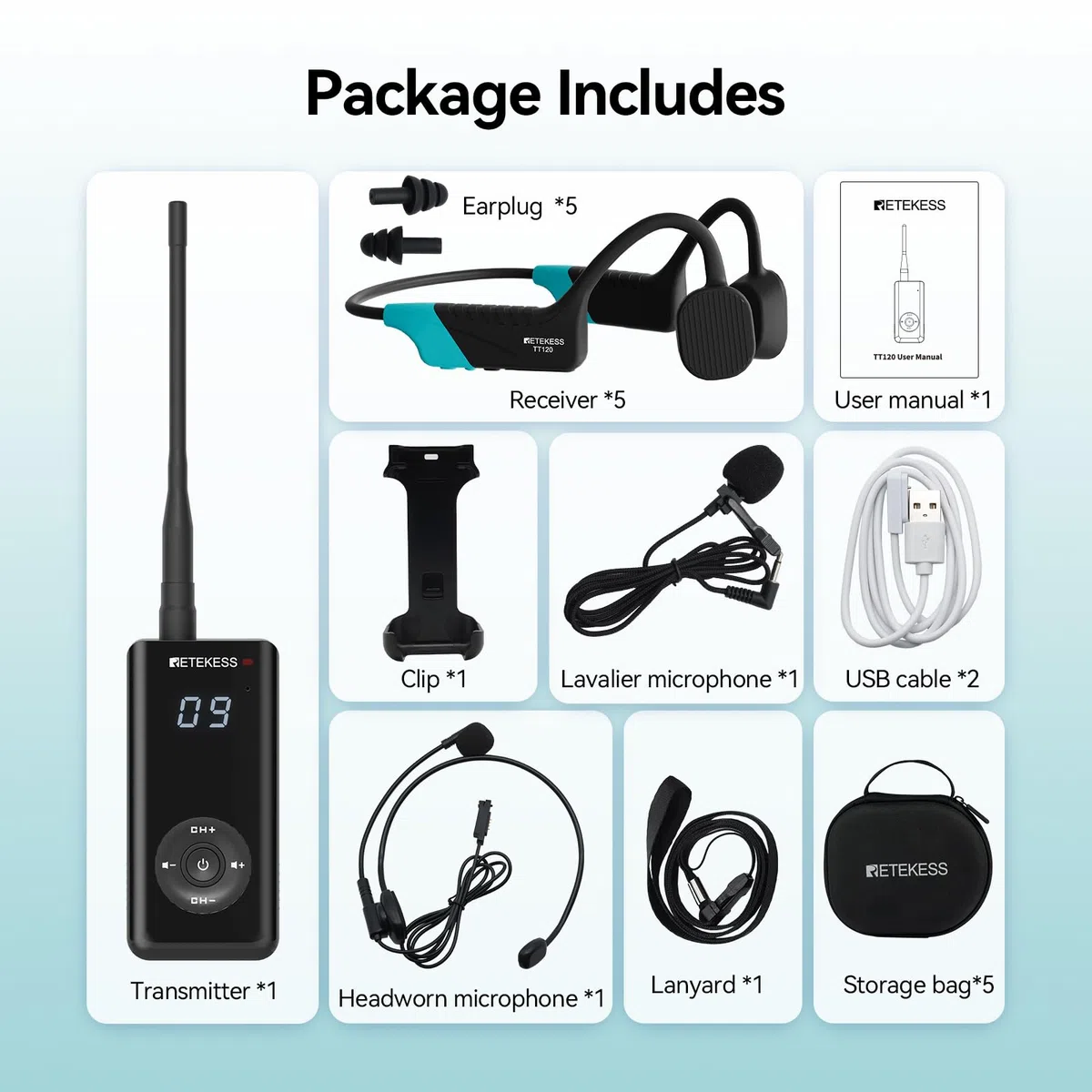 Retekess TT120 Comunicatore per Allenatori di Nuoto,Cuffie da Nuoto Impermeabili IP68,Conduzione Ossea,Unità Comunicazione Subacquea Wireless per Allenatori,Club di Nuoto(1 Trasmettitore 5 Ricevitori)