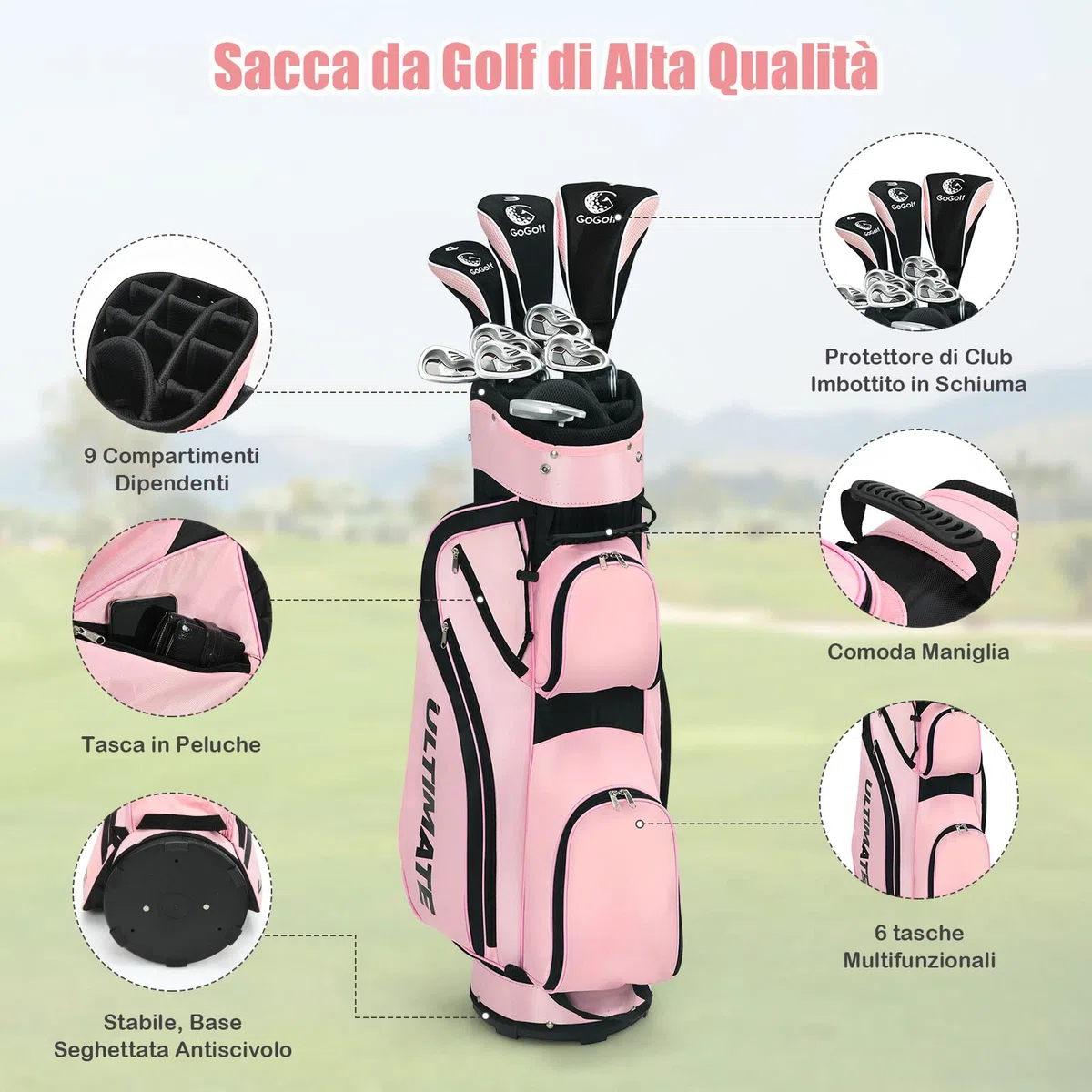 COSTWAY Set di Mazze da Golf per Donne, Include Driver in Lega di Alluminio, Legno da Fairway 3, Ibrido 4, Ferri 6, 7, 8 e 9, Putter, Sacca da Golf con Cinghie, Rosa, 24 x 24 x 115,5 cm