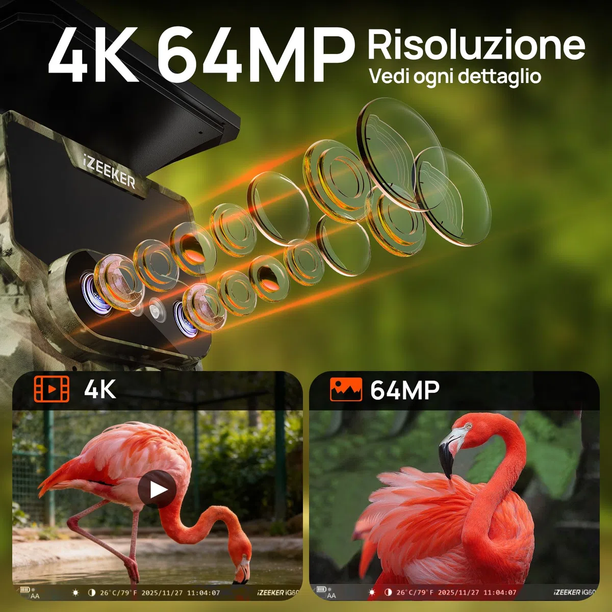 iZEEKER iG600 Fototrappola con Doppia Lente 4K 30fps 64MP, con Scheda SD 32GB, WiFi Bluetooth Fotocamera Caccia Visione Notturna Starlight Angolo di Rilevamento 120° Tempo di Trigger 0,1s IP66