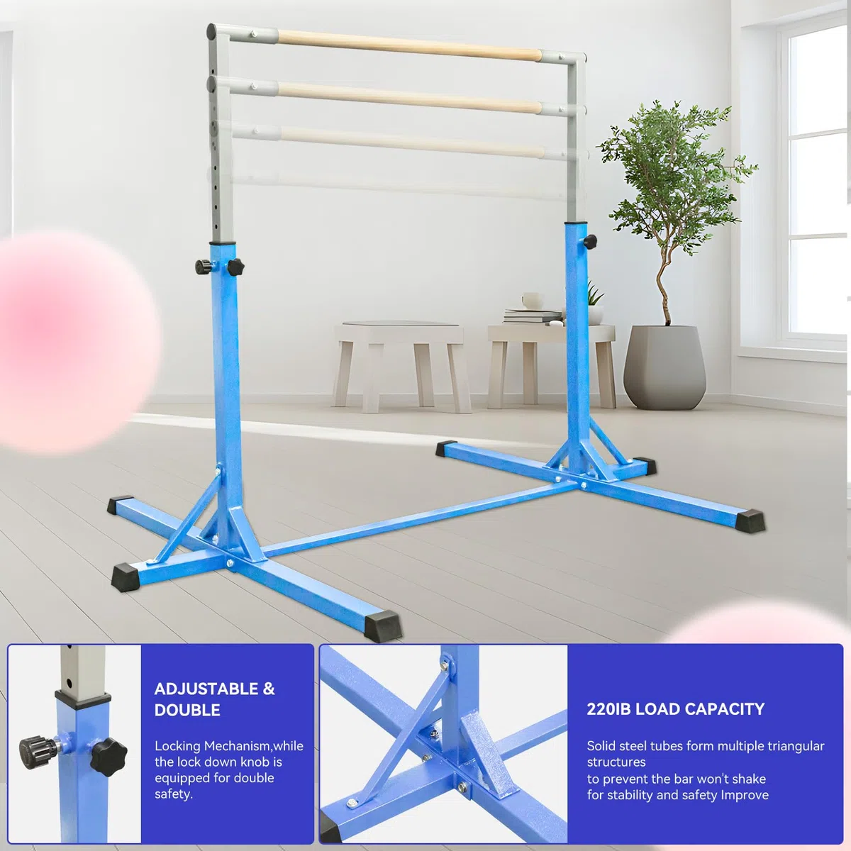 FBSPORT Barra da Ginnastica per Bambini con 13 Altezze Regolabili,Sbarra di Ginnastica per Bambini Barra Ginnastica Orizzontali Artistica Palestra Danza per Bambini e Bambine e Portatile Blu