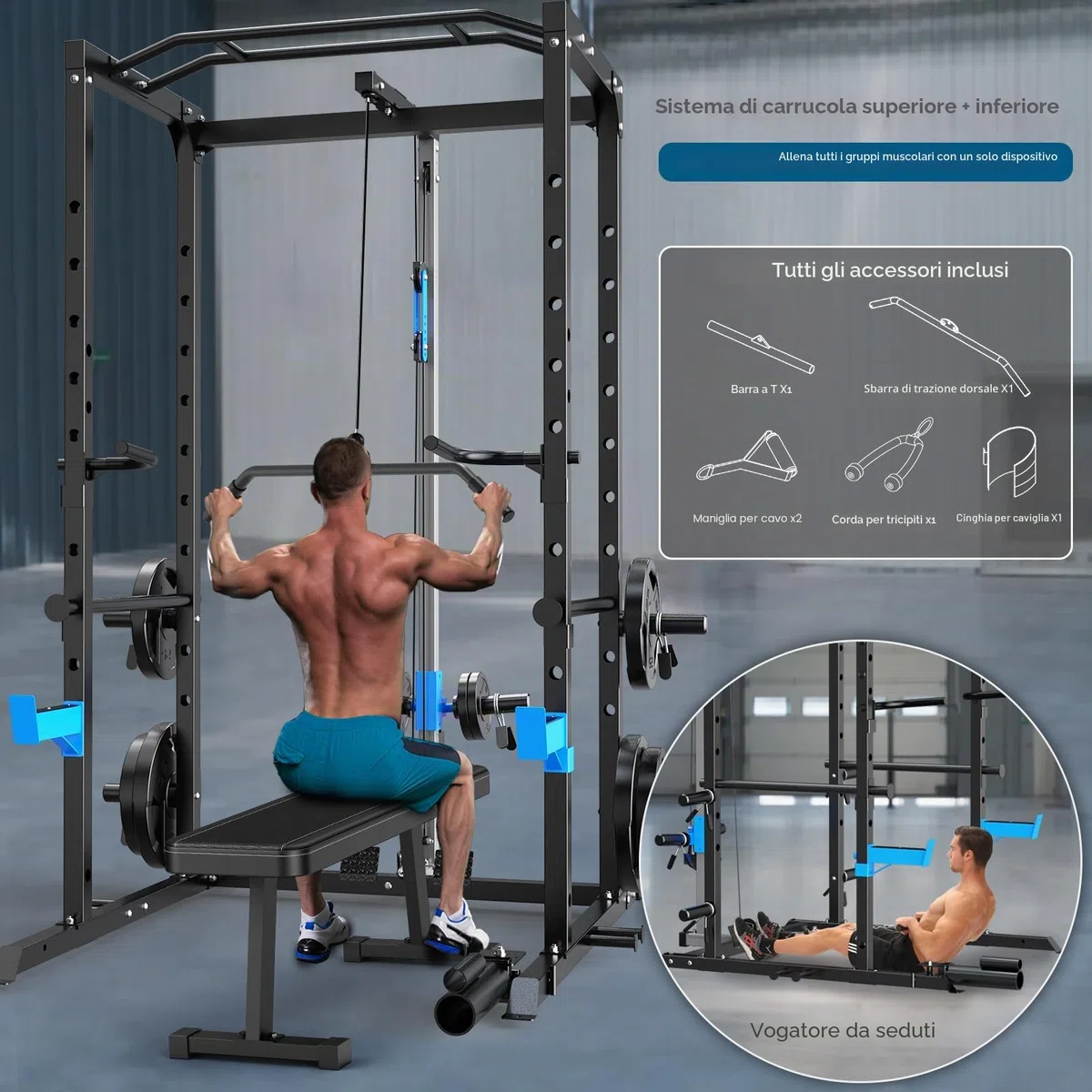 WINNOW Power Cage - Power Rack multifunzione con ganci a J, maniglie per immersioni, attacco per mine antiuomo e sistema di puleggia per cavi opzionale, per palestra domestica