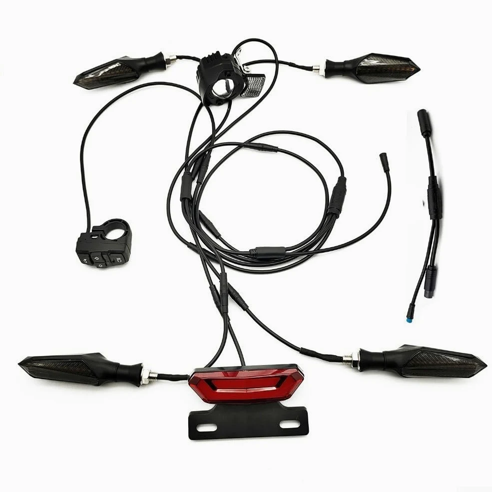 Kit completo di illuminazione per bici elettrica, 36 V, 48 V, 52 V, fari anteriori, posteriori, indicatori di direzione con luci fluide, set di sicurezza impermeabile IPX4 per triciclo elettrico della