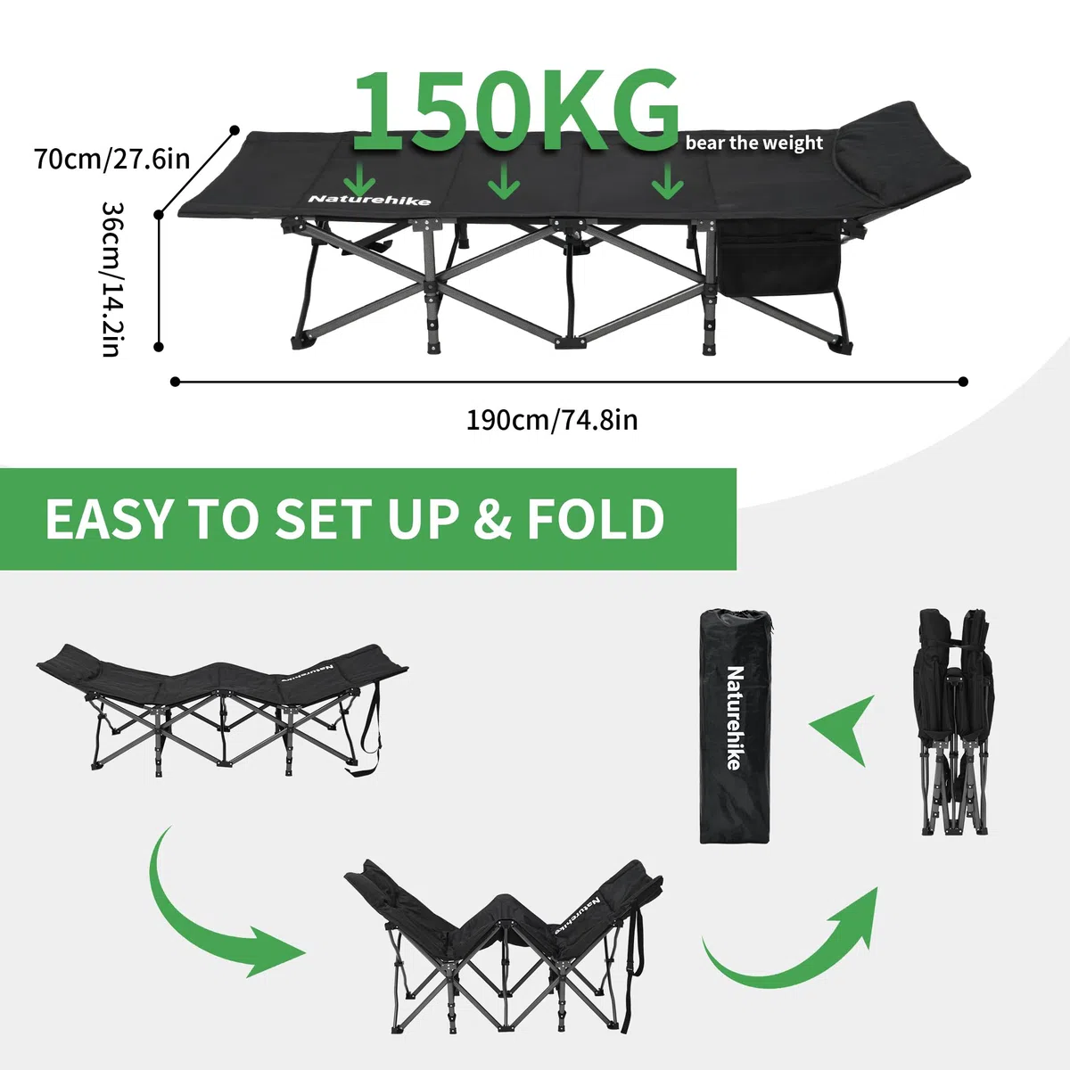 Naturehike Lettino Da Campeggio Pieghevole, Con Cuscino Lettino Da Campeggio 190 X 70 X 48 Cm, Contiene Uno Strato Trapuntato Spesso 3 Cm, Capacità Di Carico A 150 Kg, Poltrona Lounge Portatile