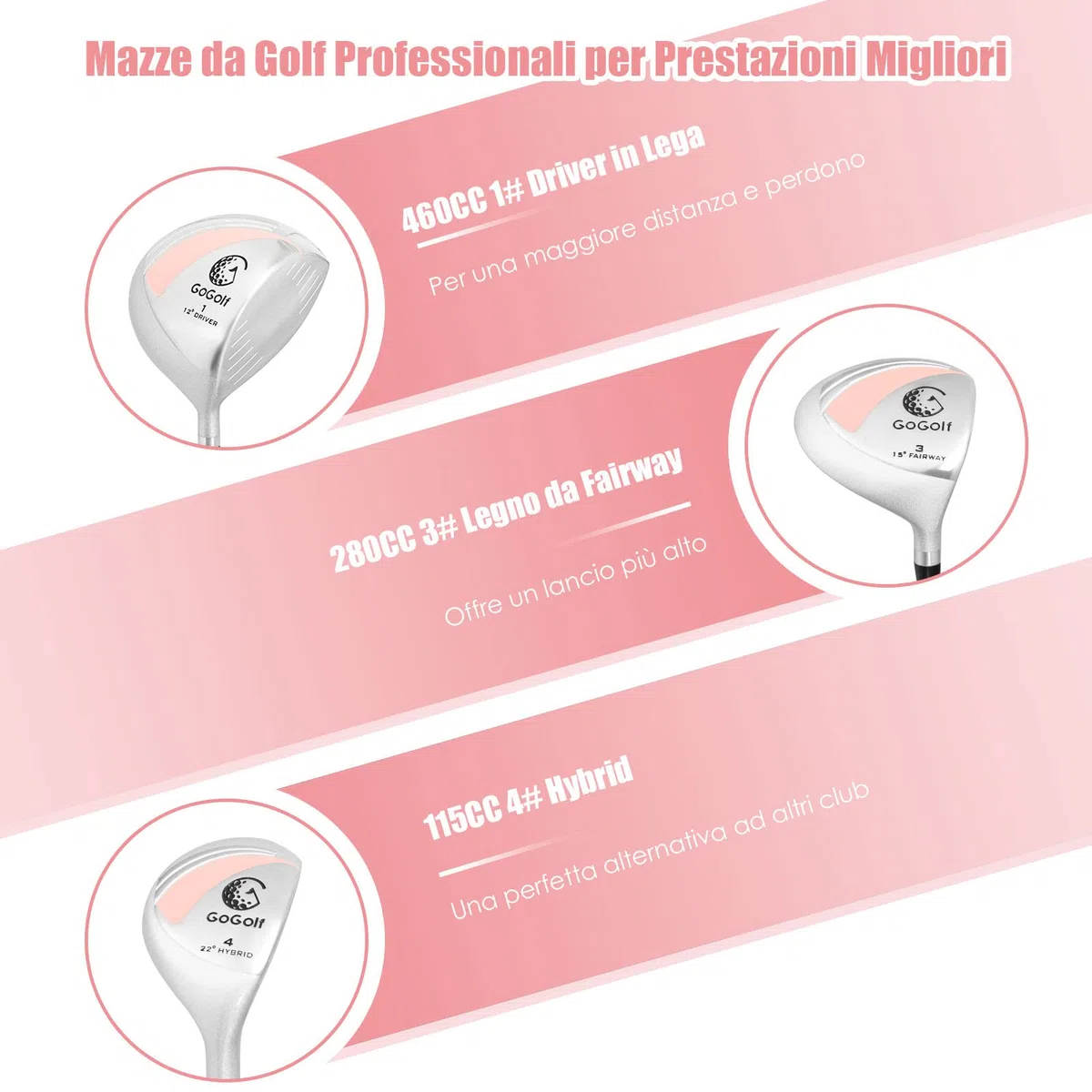 COSTWAY Set di Mazze da Golf per Donne, Include Driver in Lega di Alluminio, Legno da Fairway 3, Ibrido 4, Ferri 6, 7, 8 e 9, Putter, Sacca da Golf con Cinghie, Rosa, 24 x 24 x 115,5 cm