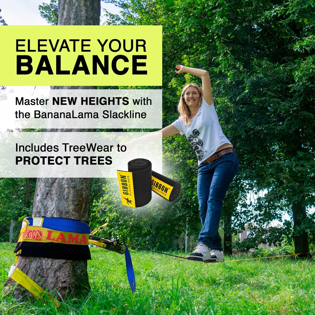 GIBBON BananLama mit TreeWear Slacklines Blu/Giallo 25 M