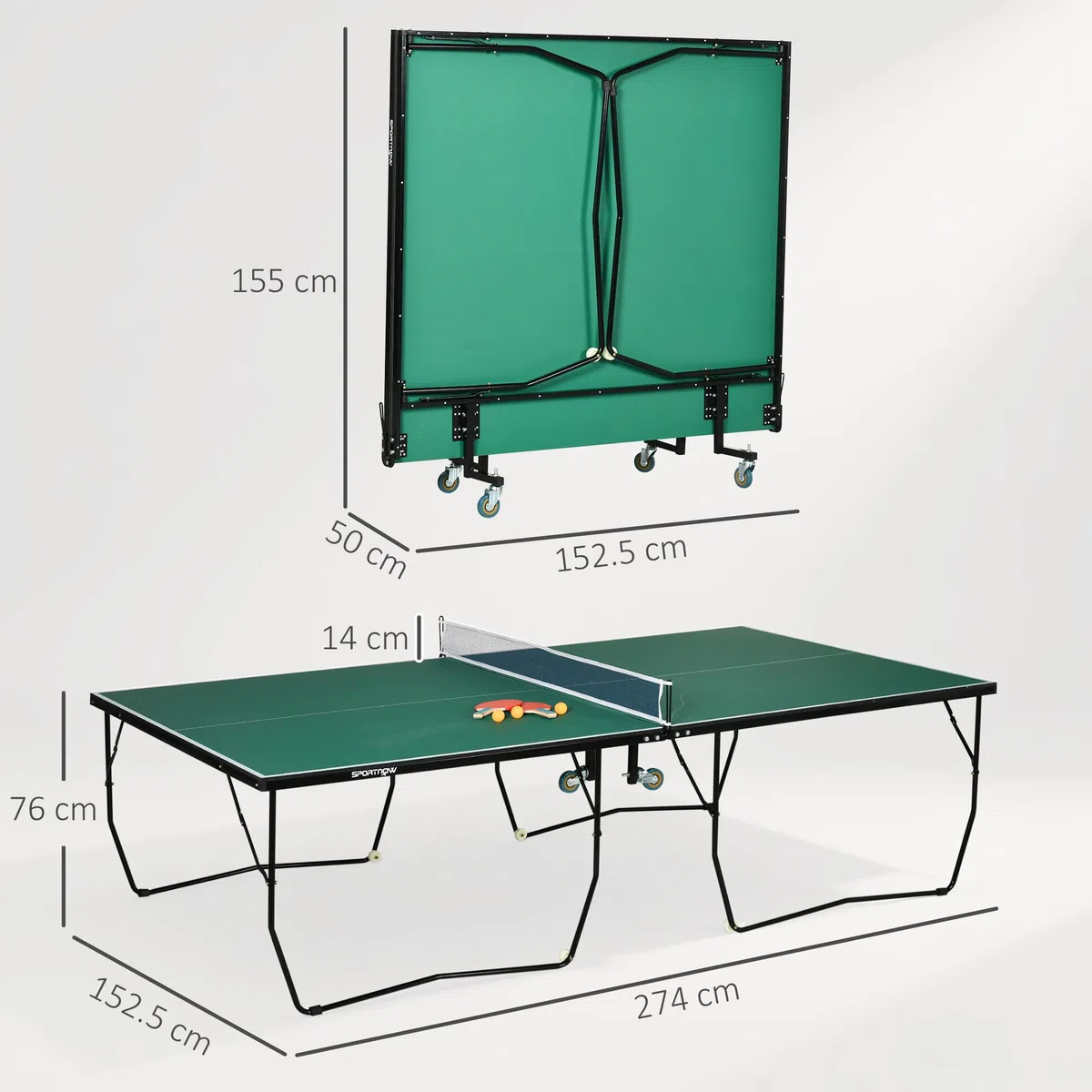 SPORTNOW Tavolo Ping Pong Pieghevole con 8 Ruote, Tavolo da Ping Pong Richiudibile con 2 Racchette, 3 Palline e Rete, 274x152.5x76 cm, Verde Scuro