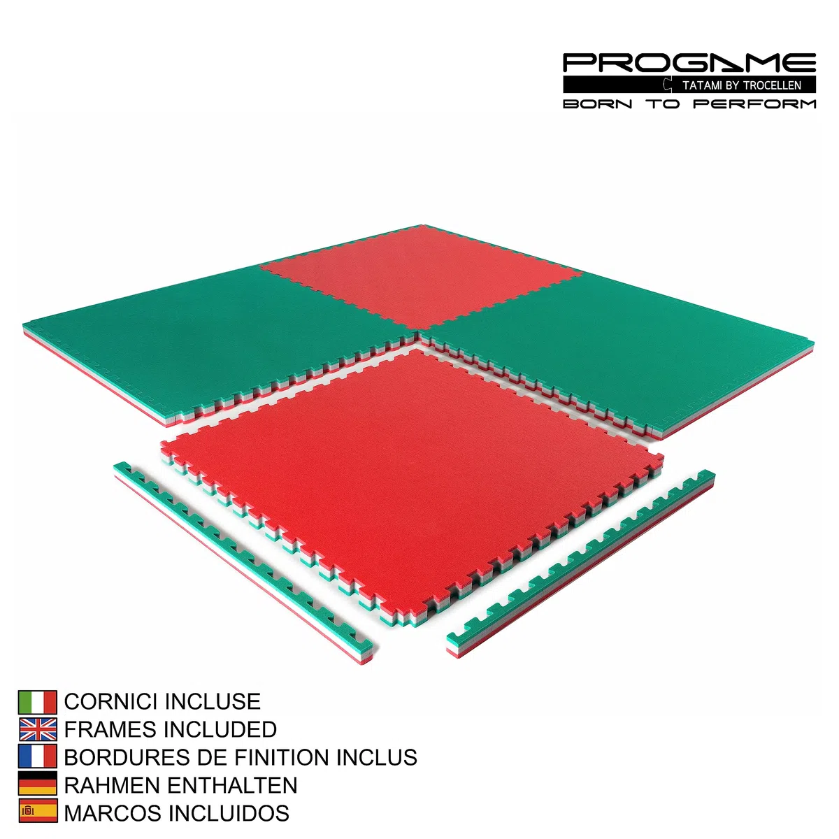 PROGAME Kit 4 pezzi Tatami Palestra 100x100x4 cm [Superficie Totale 200x200 cm] Performance PLUS Home Verde/Rosso. Tappeto Arti Marziali Professionale