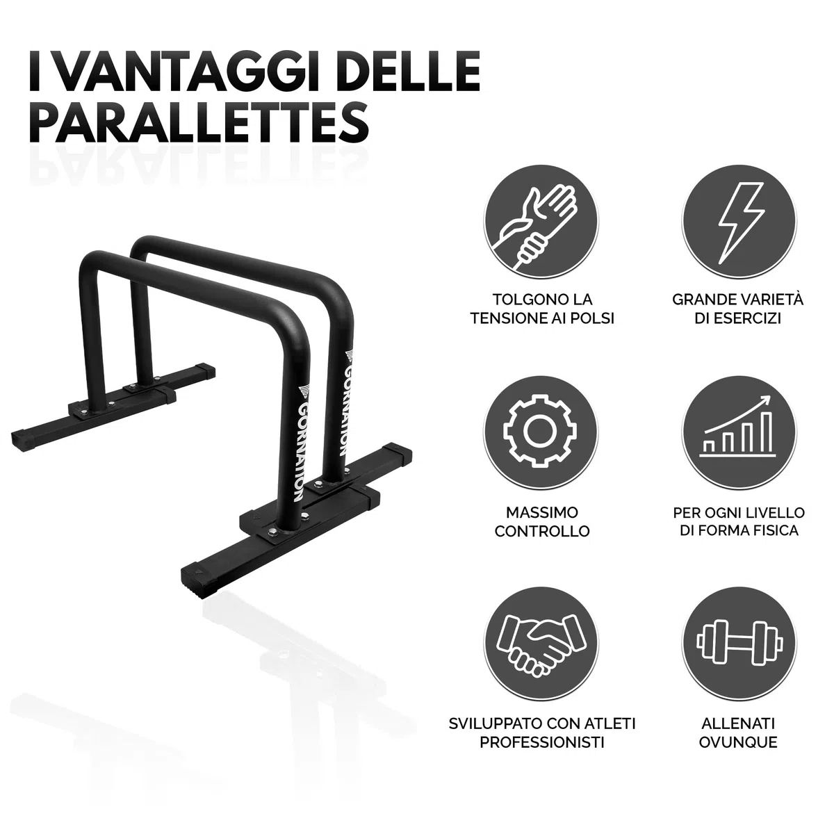 GORNATION Parallettes Alte in Metallo, Barre Parallele per Calisthenics con Impugnature Antiscivolo per Push Ups, Dips, L-Sits, Palestra e Allenamento Outdoor, Push Up Bars incl. Nastro per Grip