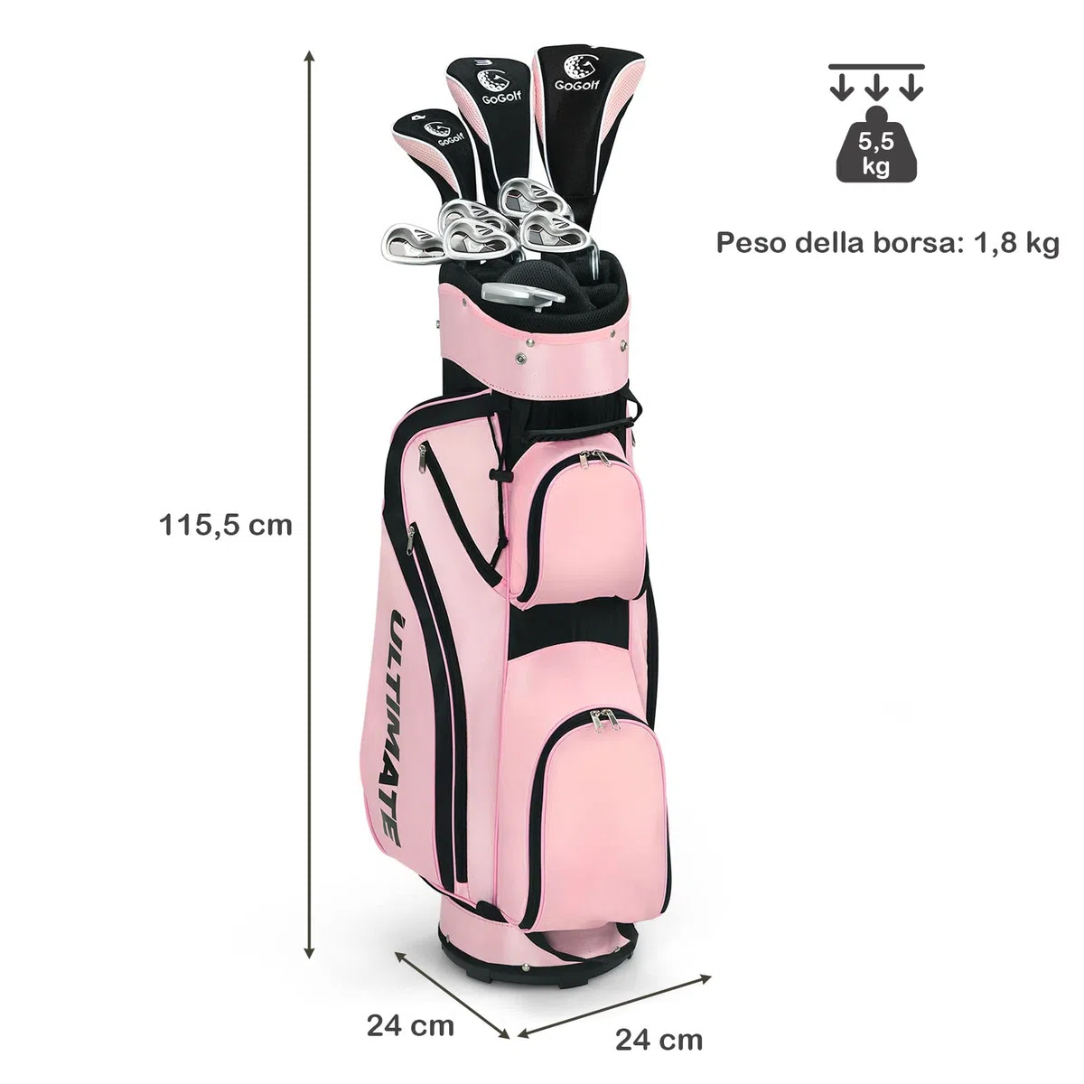COSTWAY Set di Mazze da Golf per Donne, Include Driver in Lega di Alluminio, Legno da Fairway 3, Ibrido 4, Ferri 6, 7, 8 e 9, Putter, Sacca da Golf con Cinghie, Rosa, 24 x 24 x 115,5 cm