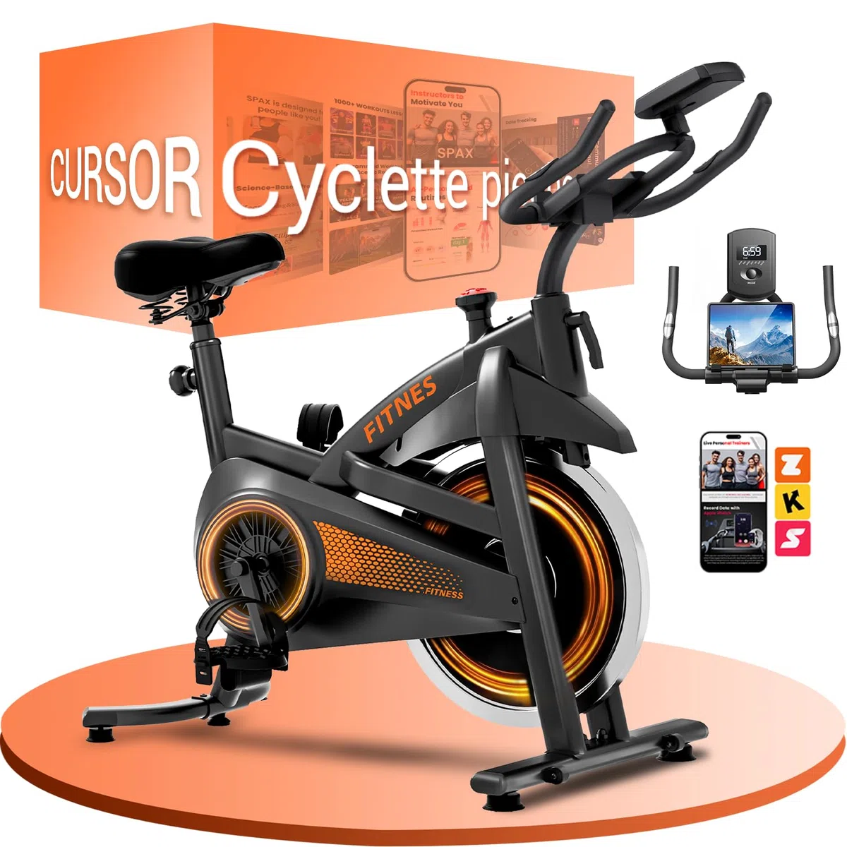 CURSOR FITNESS Cyclette da casa professionale, Cyclette professionale con misurazione della frequenza cardiaca e display LED, Spin bike con app, sedile confortevole, capacità di carico fino a 136 kg