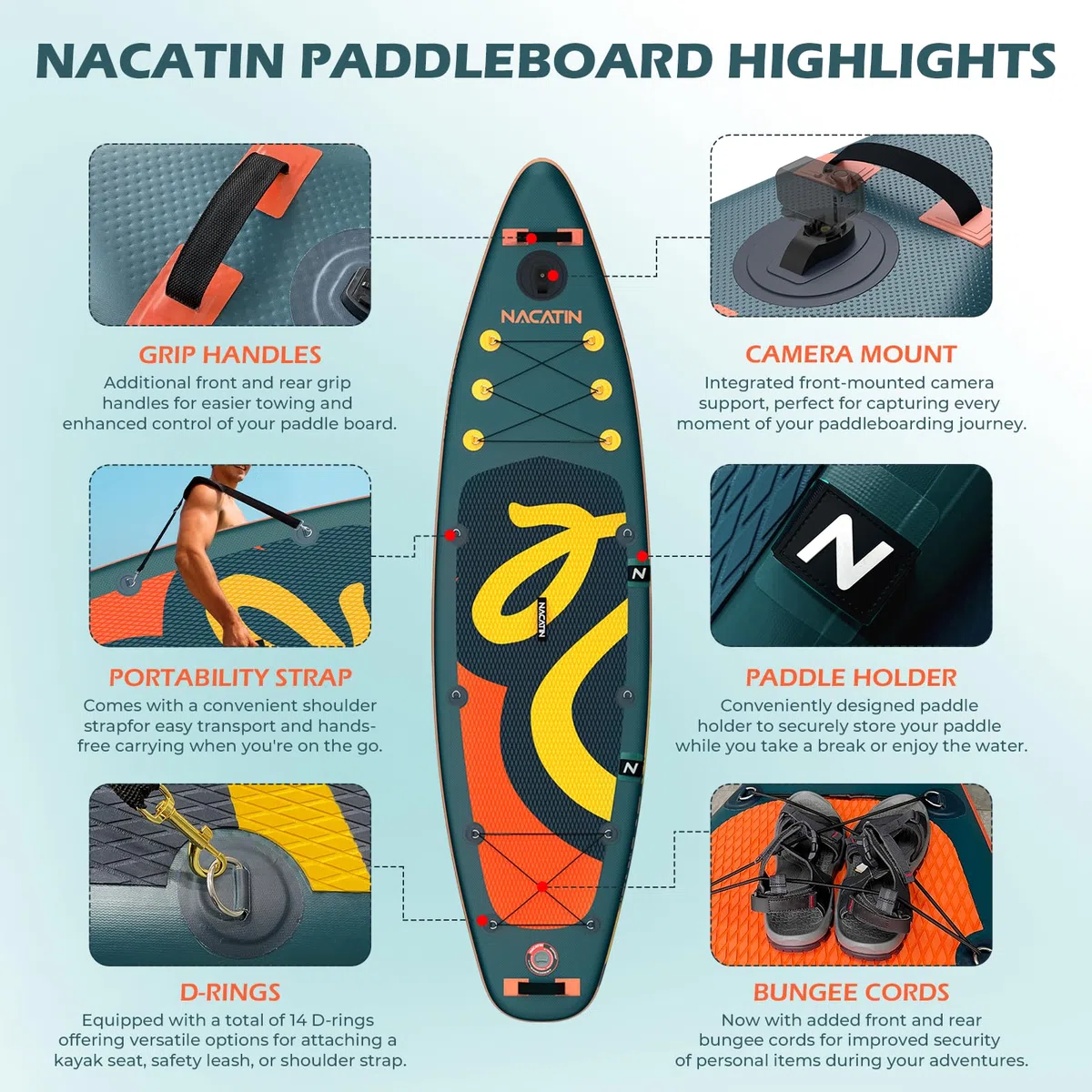 NACATIN Tavola SUP gonfiabile da 320 cm con sedile per adulti, con doppia pagaia, sedile per kayak, zaino, tracolla, borsa asciutta, kit di riparazione, per lago, fiume, yoga