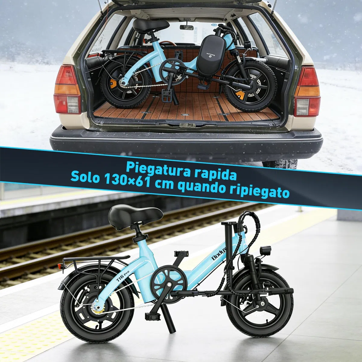 Bodywel T16Pro Bici Elettrica Pieghevole 14" Leggera Adulti/Ragazzi, Batteria 36V 10Ah + Motore 250W, 3 Velocità, Display LED 4.5", Preassemblata 90% per Città