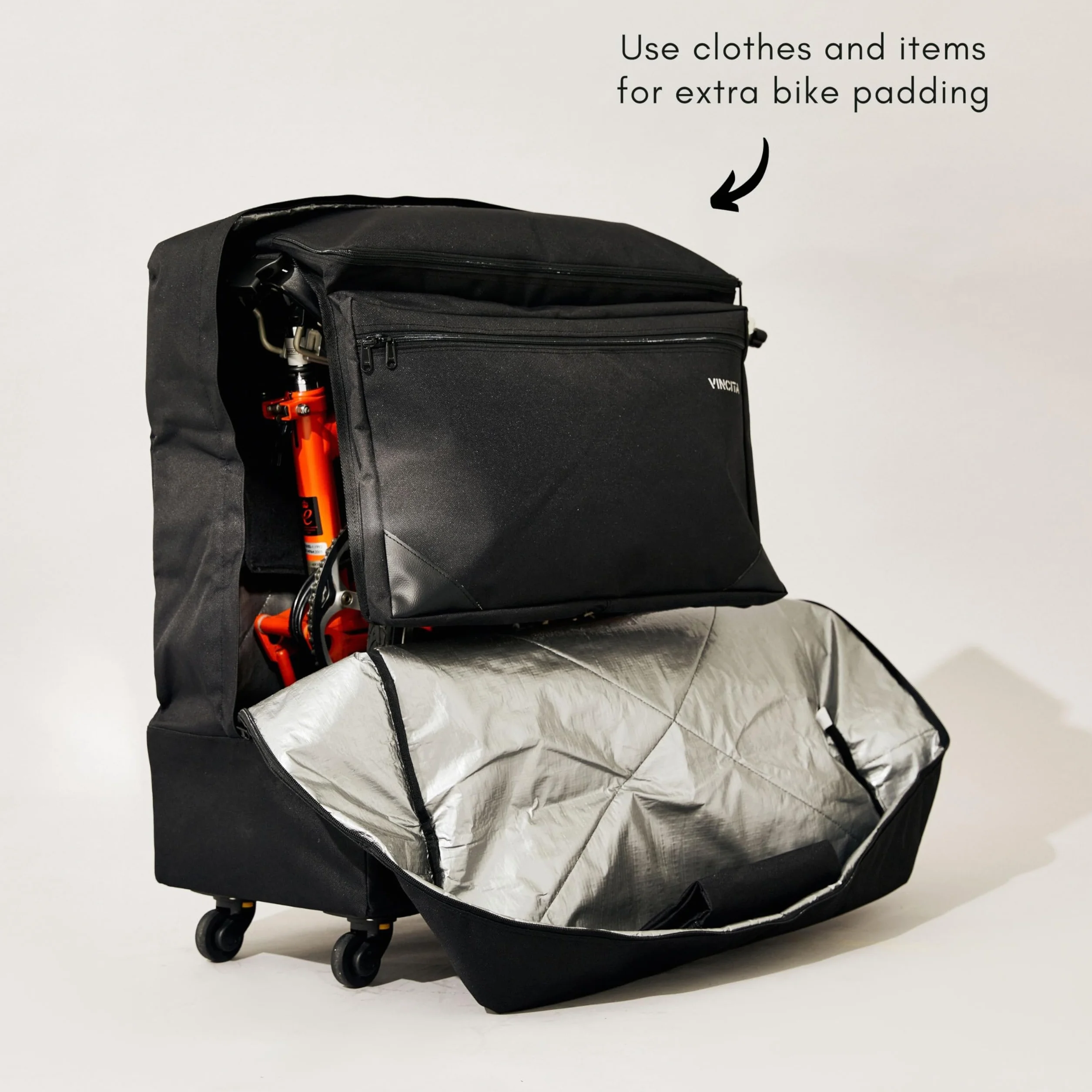 Vincita Sightseer 4.0 - Borsa da trasporto morbida per bicicletta pieghevole Brompton, con borsa per indumenti, quattro ruote staccabili e tracolla Brompton, soluzione leggera per viaggi aerei