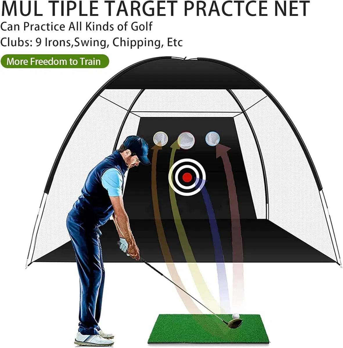 Rete da golf, 3 x 2,1 x 1,8 m, con tappetino per il cortile, per interni ed esterni, chipping Driving, e reti di guida per interni ed esterni, uso in garage, allenamento di oscillazione del golf