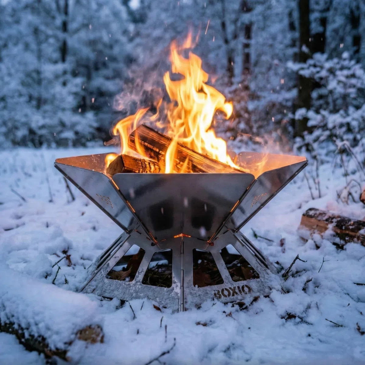 BOXIO - FIRE BUNDLE: braciere in acciaio inox con griglia e tre zampe – braciere ottagono per esterni e campeggio, piccolo braciere con parascintille, set di mini braciere per giardino e falò