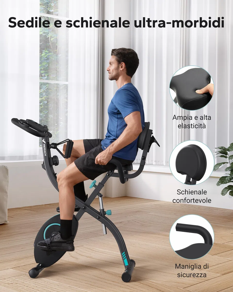 MERACH Cyclette da Casa con App di Allenamento, Silenziosa Cyclette Pieghevole 4-in-1, Resistenza Magnetica a 16 Livelli, Display LCD, Misurazione del Battito, Fascia di resistenza, Sella Confortevole