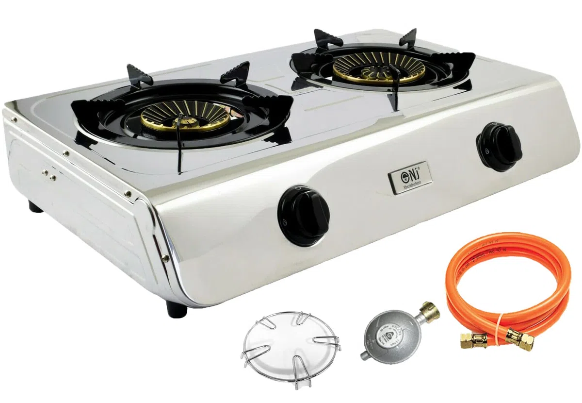 Fornello a Gas in Acciaio Inox 1, 2, 3 o 4 Fuochi Propano, da Campeggio Turbo Bruciatore + Griglia di Riduzione a Croce. Riduttore di Pressione per Tubo 50 mbar