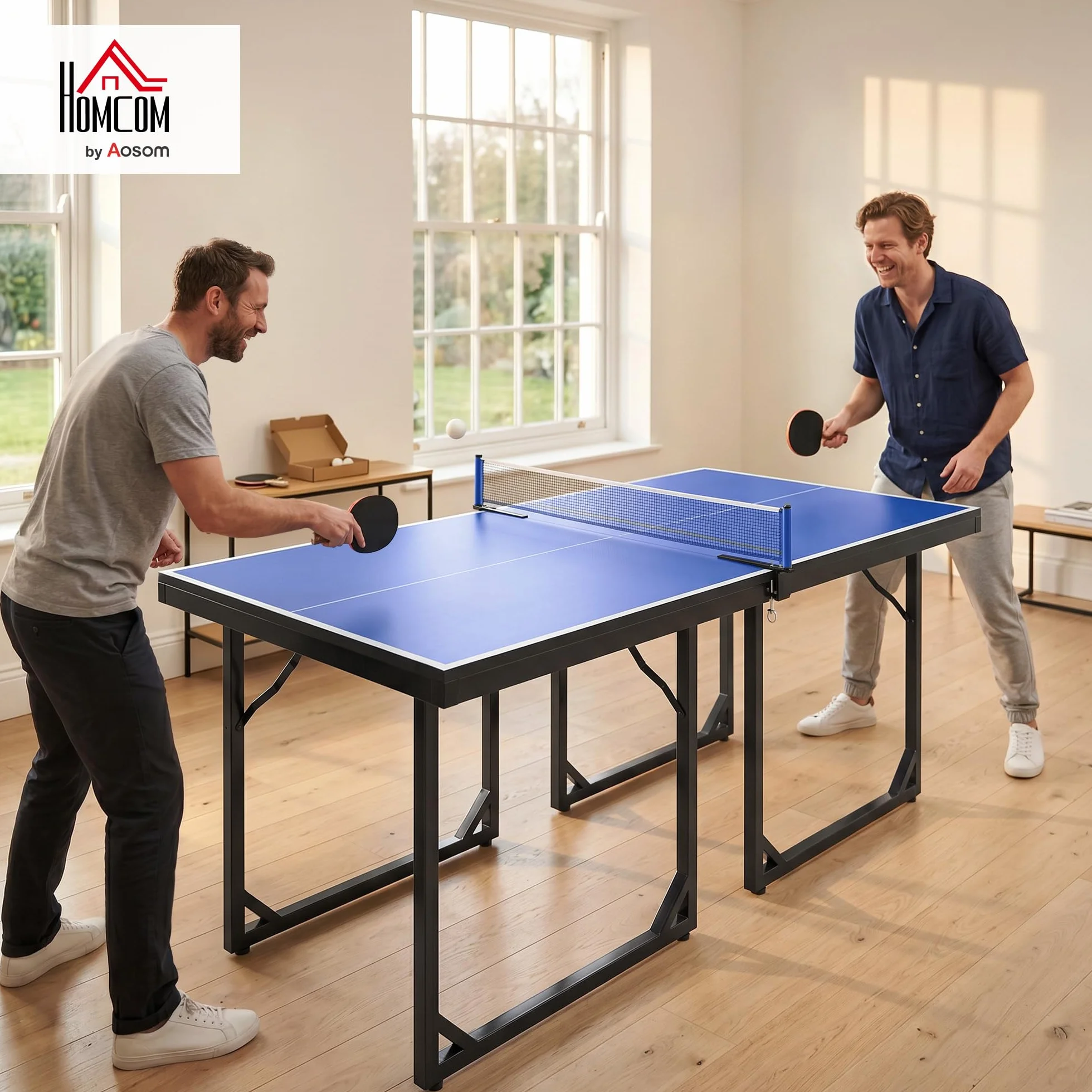 HOMCOM Tavolo da Ping Pong Pieghevole per Interni, Tavolo Ping Pong con Rete, Montaggio Non Richiesto, Blu e Viola