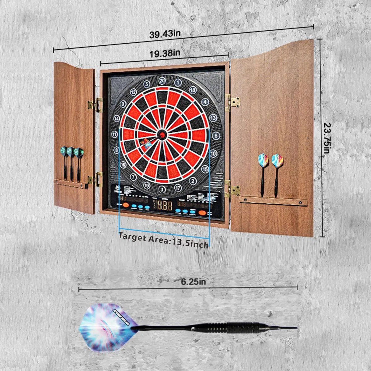 Bersaglio elettronico per freccette con LED elettrico digitale per adulti con armadio in legno massiccio, adatto per (Brown with Light Brown, Wooden Outer Box)