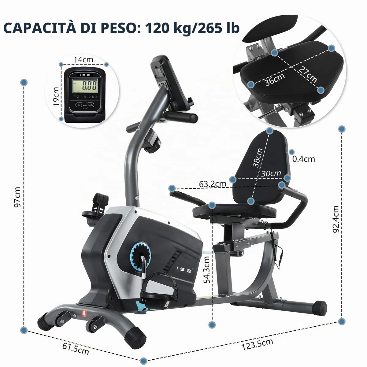 ISE Cyclette da Seduta Magnetica con Schienale, Cyclette Orizzontale da Casa con Resistenza Regolabile Schermo LCD Supporto per Smartphone