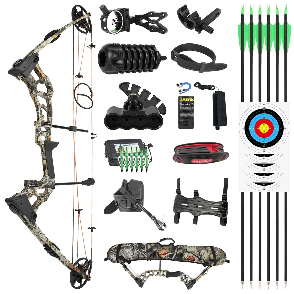 Set Arco Compound Premium 0-70lbs Regolabile con 320FPS, Corpo Magnesio Ultra-Leggero, CNC Dual-Nockensystem, Kit Completo per Adulti e Principianti - Nero e Camouflage