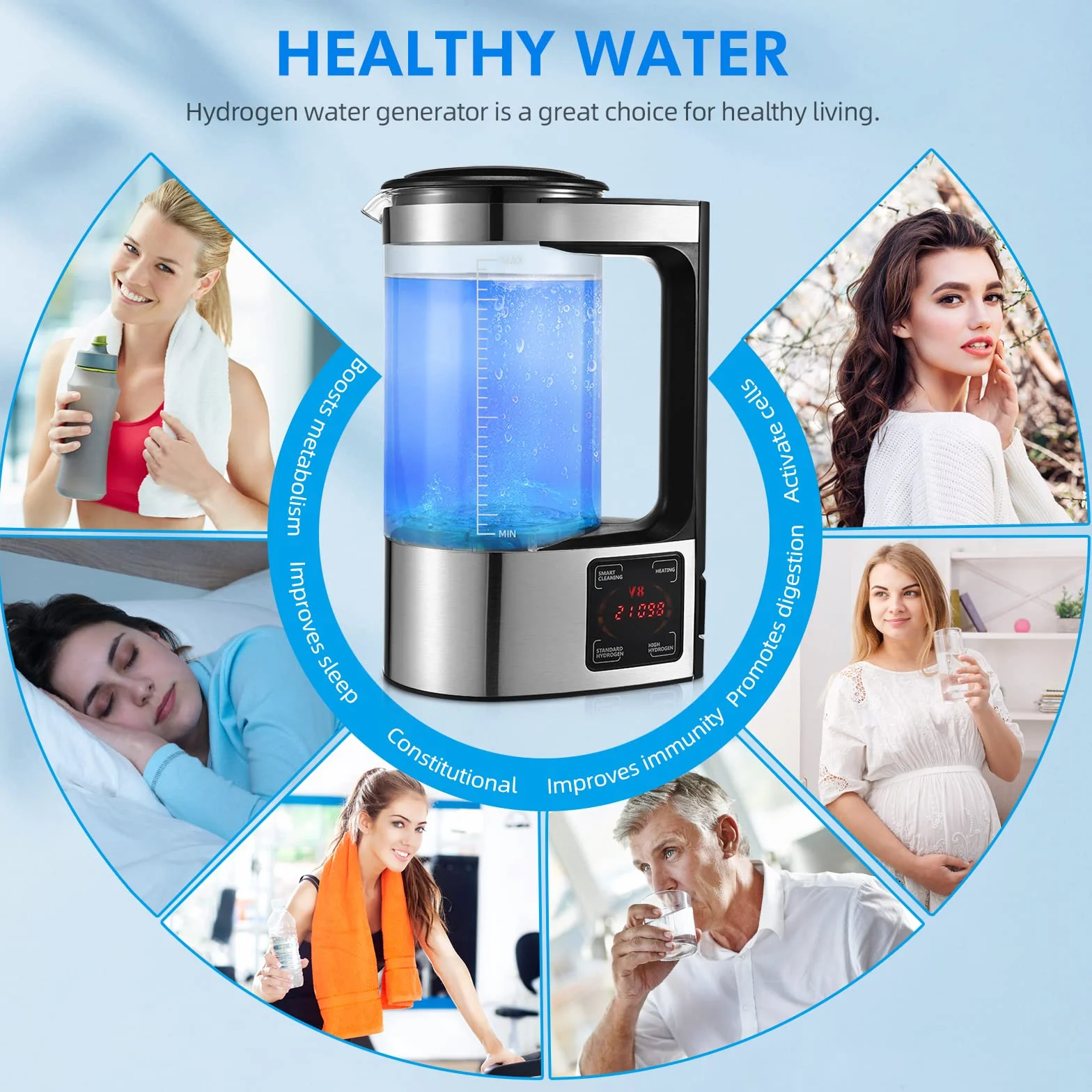 2L Generatore di Acqua Idrogenata, Grande Capacità Generatore di Acqua Idrogenata Ionizzatore, Bombola del Generatore di Idrogeno, Ricarica USB Portatile con Display LED per Casa, Ufficio e Viaggi
