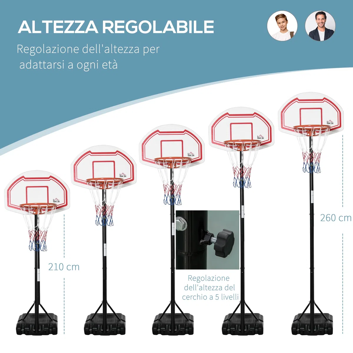 HOMCOM Canestro Basket ad Altezza Regolabile con Base Riempibile e 2 Ruote, Canestro da Basket in Acciaio, PE e HDPE, 70x45x258-314cm, Rosso