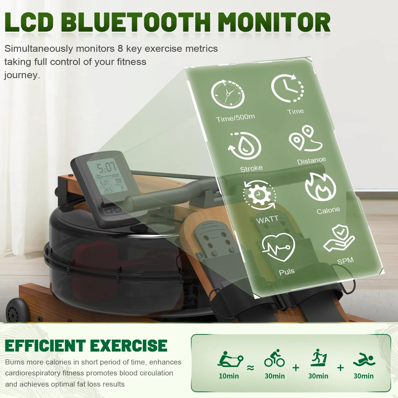 Kitopa Vogatore ad Acqua, Vogatore Pieghevole per Casa in Legno di Quercia con Monitor Bluetooth e Supporto per Telefono Regolabile, Capacità di Peso di 200kg