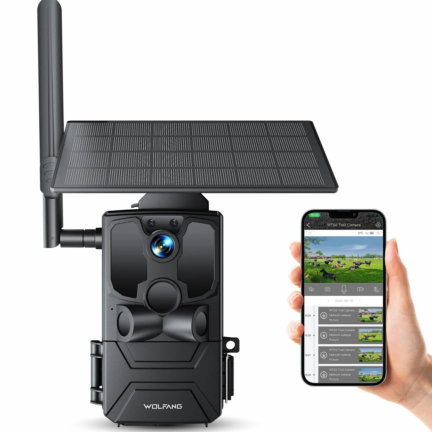 WOLFANG Fototrappola, 4G LTE Fototrappola Solare 2.5K con Scheda SIM Preinstallato e SD, Fotocamera con Allarme, Visione Notturna, Angolo 120° 82ft, Tempo di Scatto 0,2s, IP66 Impermeabile, Nero