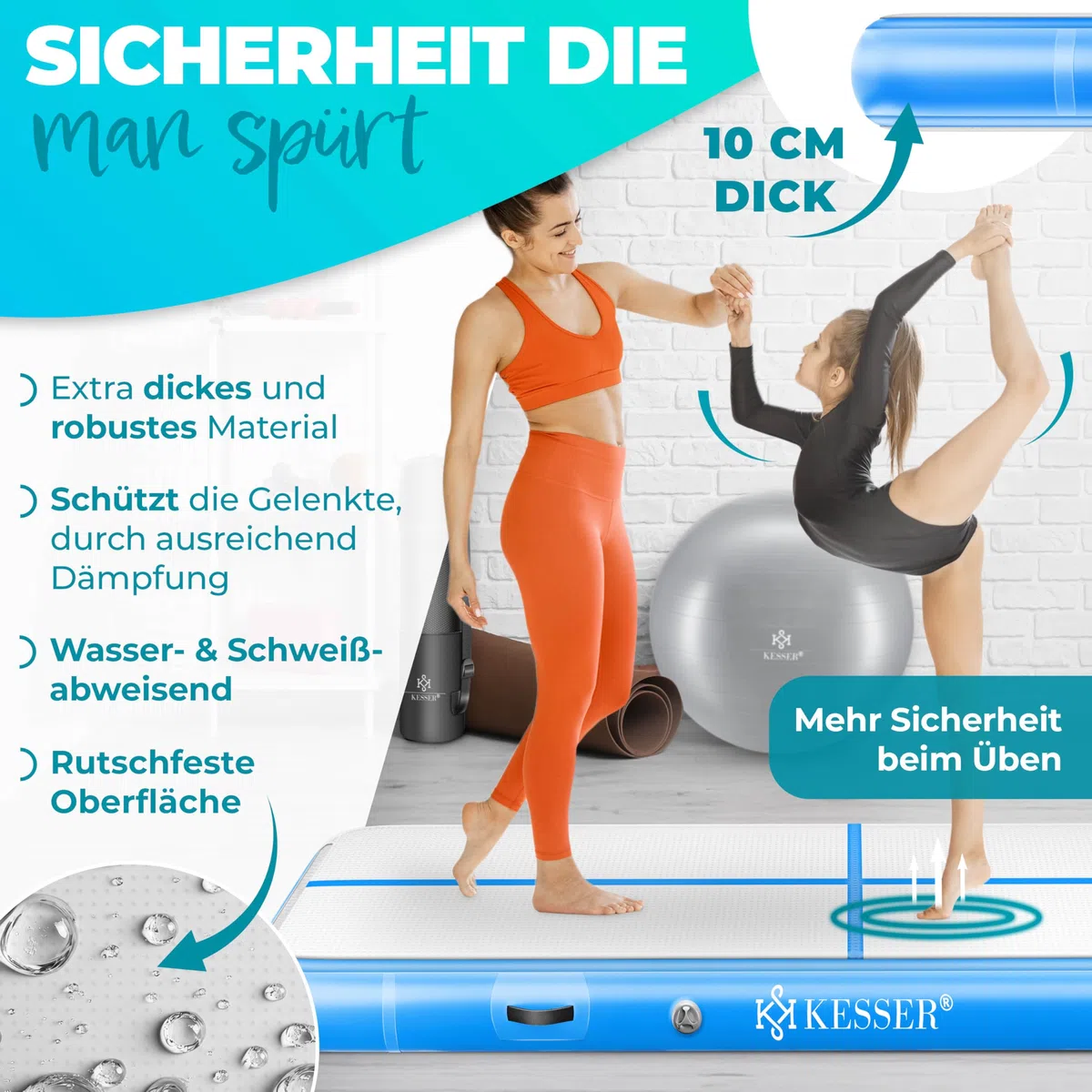 KESSER® Tappeto da palestra, con Borsa di Trasporto e Pompa ad Aria Elettrica, Yoga, Fitness, Tumbling, Ginnastica, Tappeto da allenamento, Gonfiabile