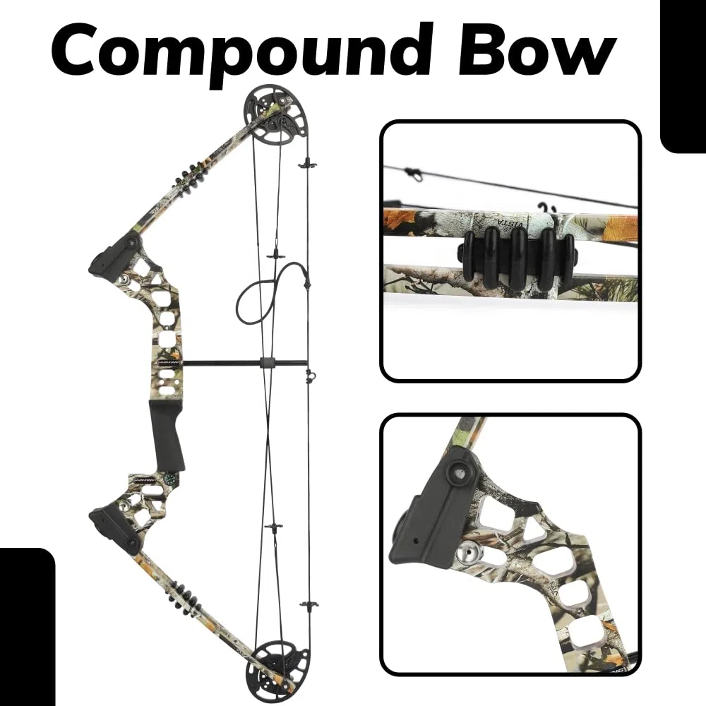 Set arco compound pronto per la caccia - Potenza di trazione 20-70 libbre, lunghezza di trazione 24“-30”, velocità 320 fps, completo di tutti gli accessori per la caccia e il tiro al bersaglio
