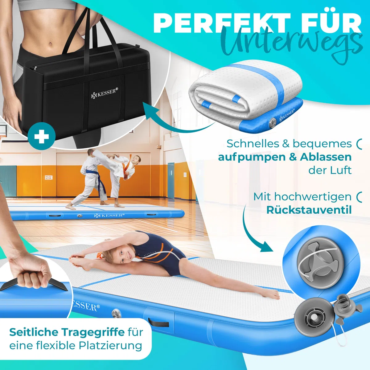 KESSER® Tappeto da palestra, con Borsa di Trasporto e Pompa ad Aria Elettrica, Yoga, Fitness, Tumbling, Ginnastica, Tappeto da allenamento, Gonfiabile