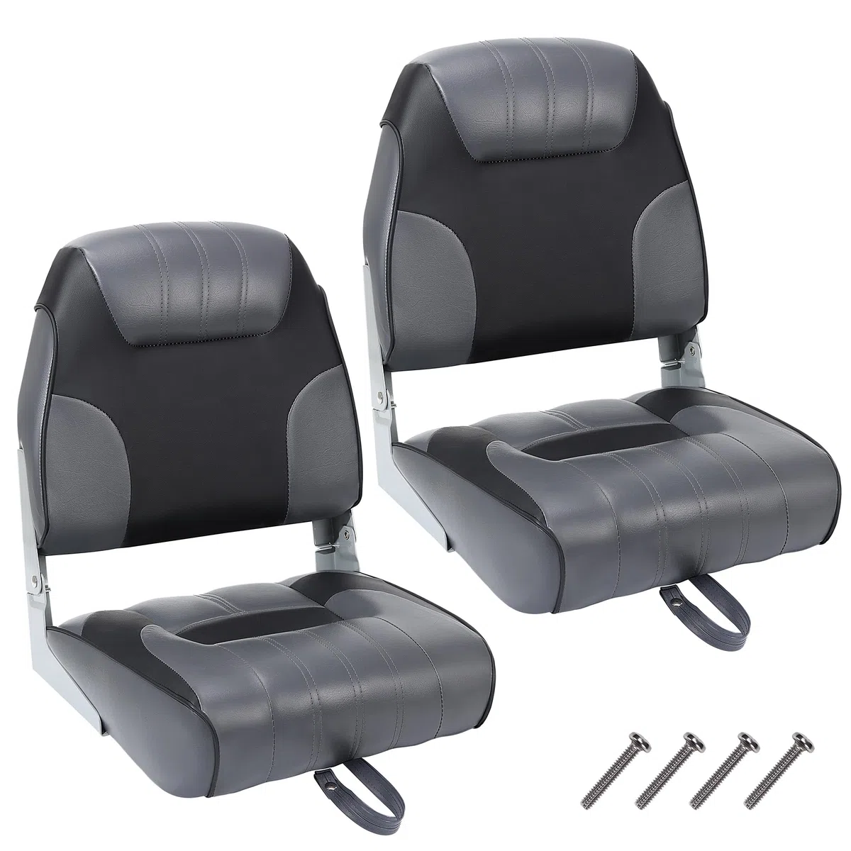Set di 2 sedili pieghevoli per barca – Schienale basso – Imbottitura spessa e impermeabile – Facile montaggio – Perfetti per pesca, gite, motoscafi – Con viti in acciaio inox – Nero e grigio
