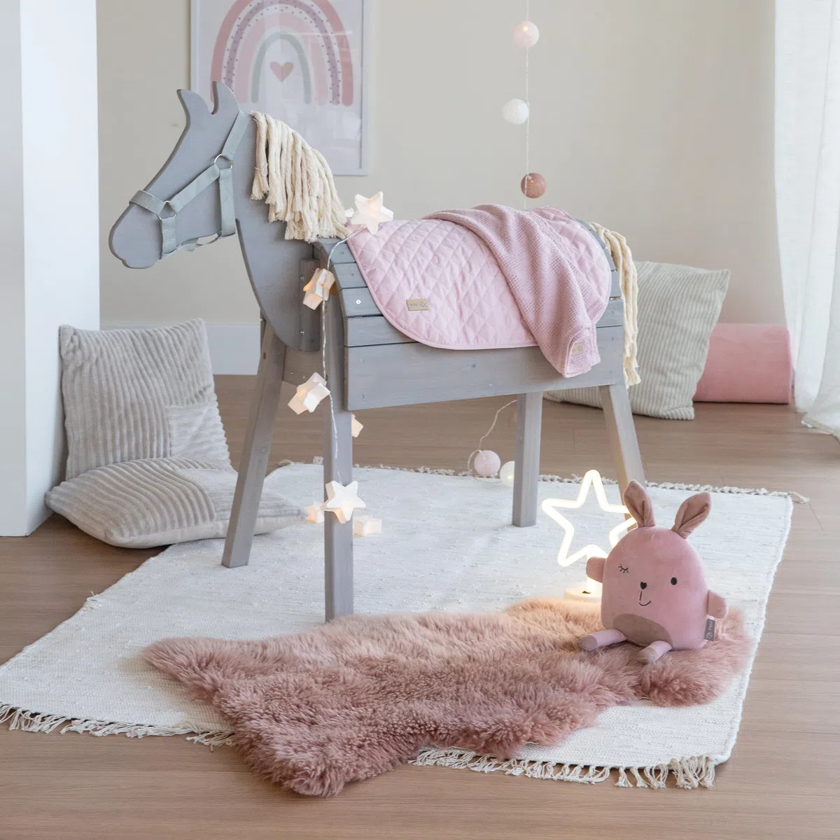 roba Cavallo da Gioco per Bambini - da Esterno, Giardino, Aria Aperta - con Criniera e Coda - Legno Massiccio Ecologico - Stabile e Robusto - Resistente alle Intemperie - Grigio