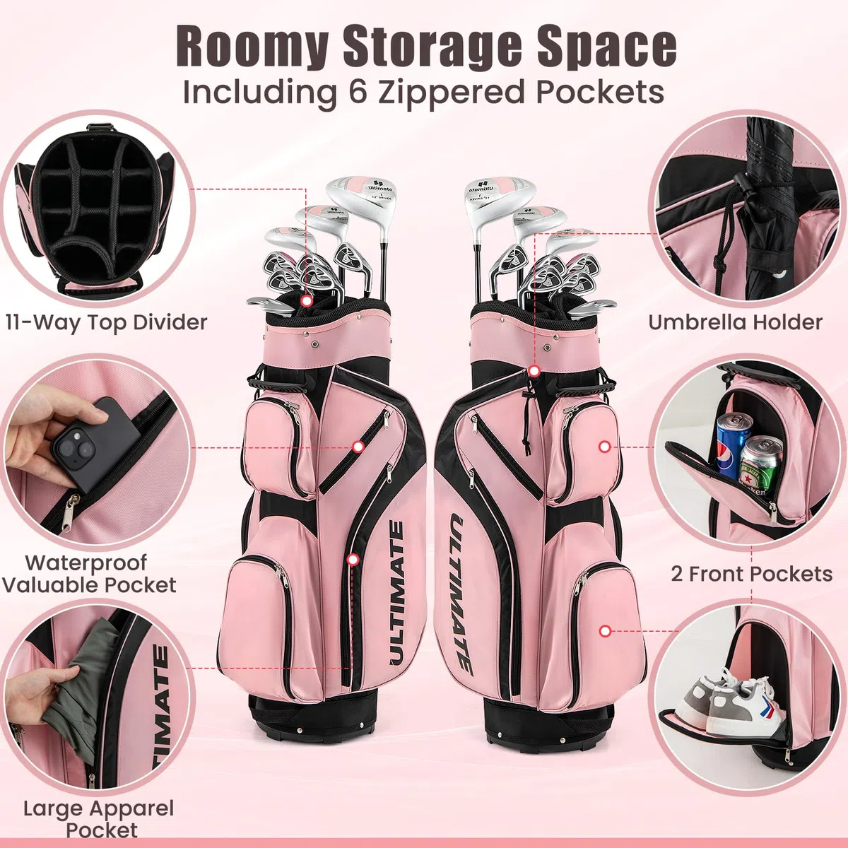GYMAX Set di Mazze da Golf per Donna con Sacca Portatile, Kit Completo di 10 Pezzi per Donna con Driver 460 cc in Lega, Legno 3 di Fairway, Ibrido 4, Ferro 6 7 8 9 e Putter, Rosa