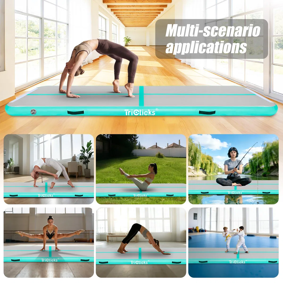 Triclicks Tappetino gonfiabile da ginnastica, Tappeto da ginnastica Air Tumble Track, 1/2.5/3/5M, Spessore 10cm, Materasso Ginnastica da Casa/Yoga/Cheerleading (Verde, 300x100x10cm)