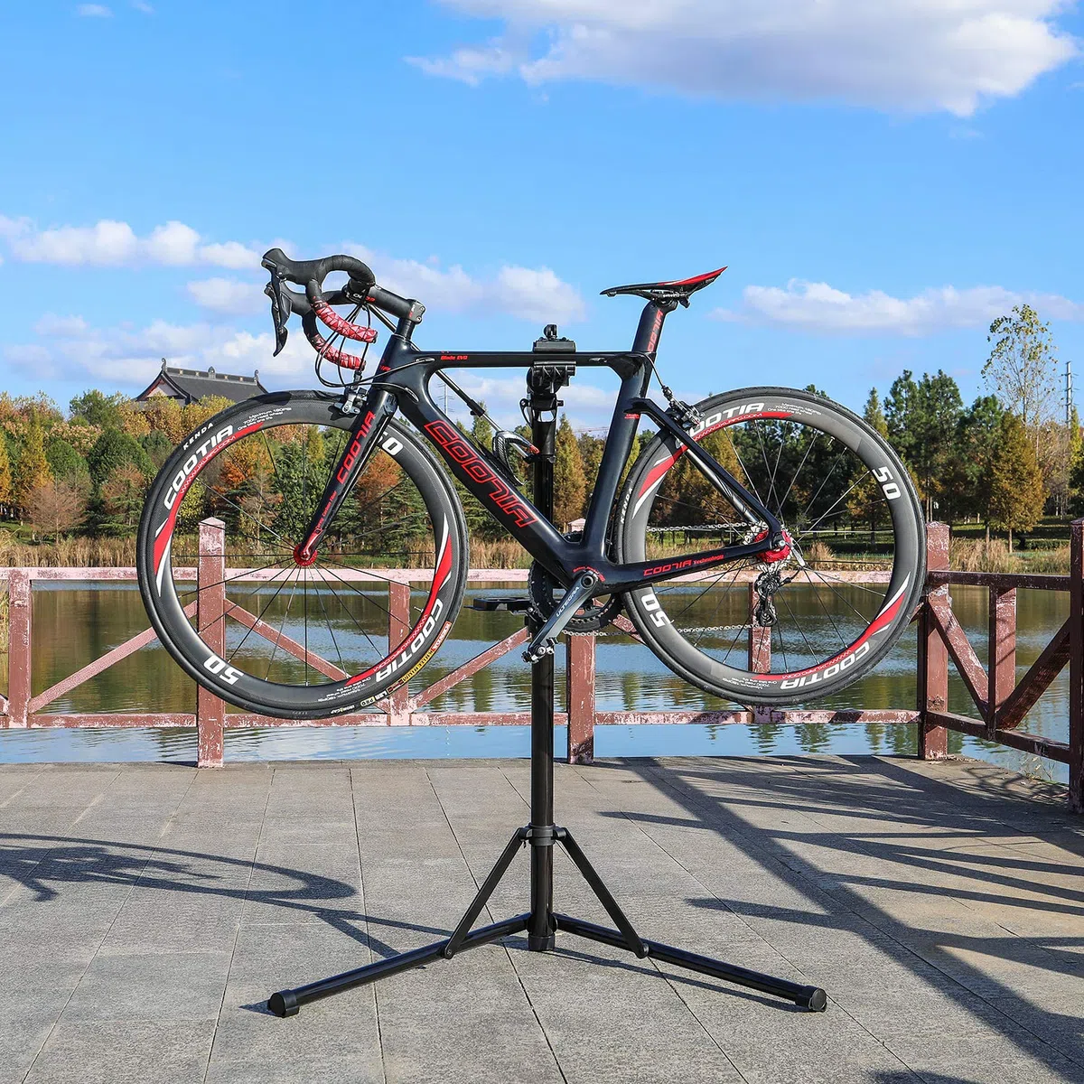 CXWXC Cavalletto per Riparazione Bici, Supporto per Manutenzione Bicicletta in Alluminio, con Vassoio Porta Utensili Magnetico, Regolabile, Leggero, Portatile Nero (Nero)