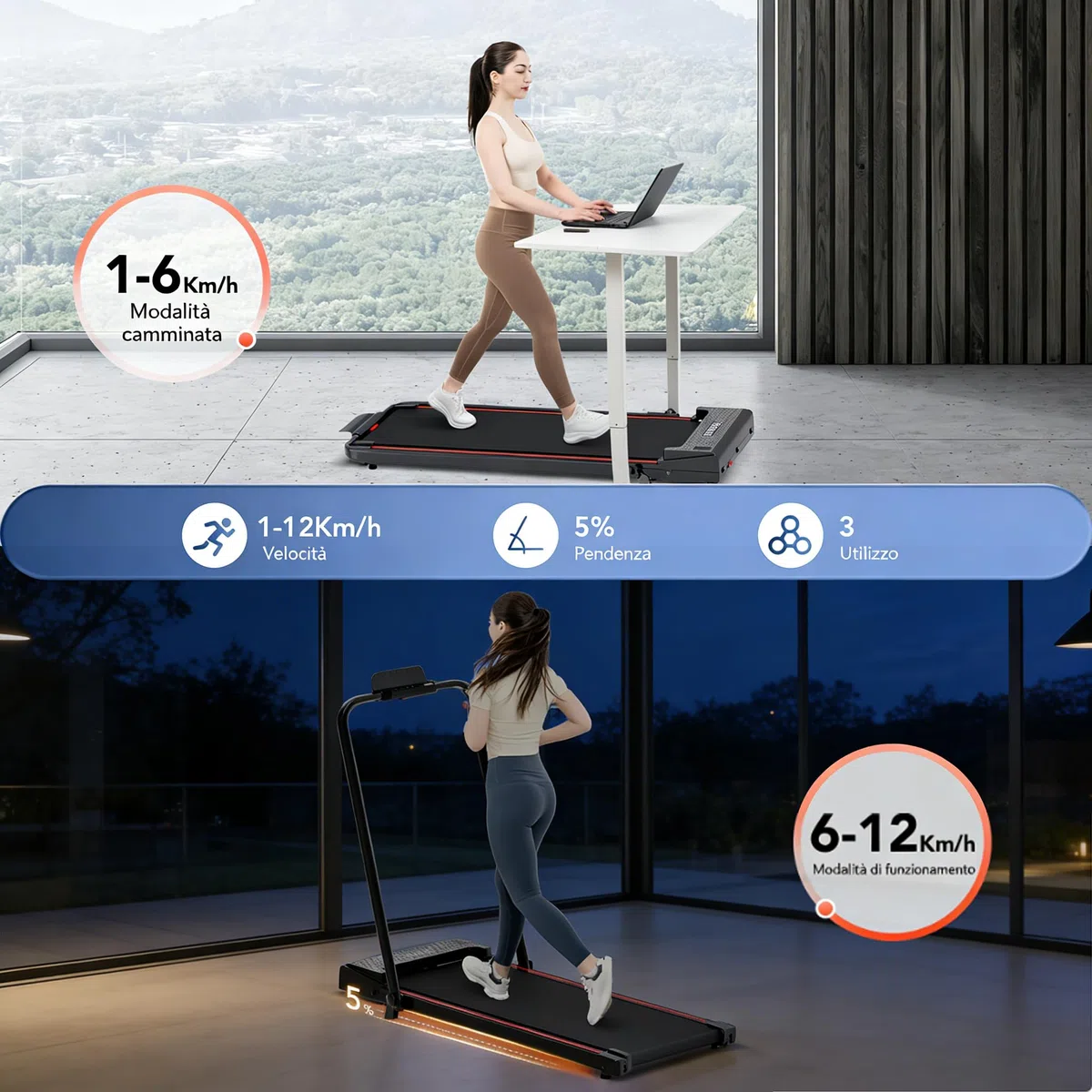 Tapis roulant, inclinazione del 5%, pieghevole, tapis roulant elettrico pieghevole da 1400 W, Walking Pad 12 km/h, tapis roulant elettrico pieghevole