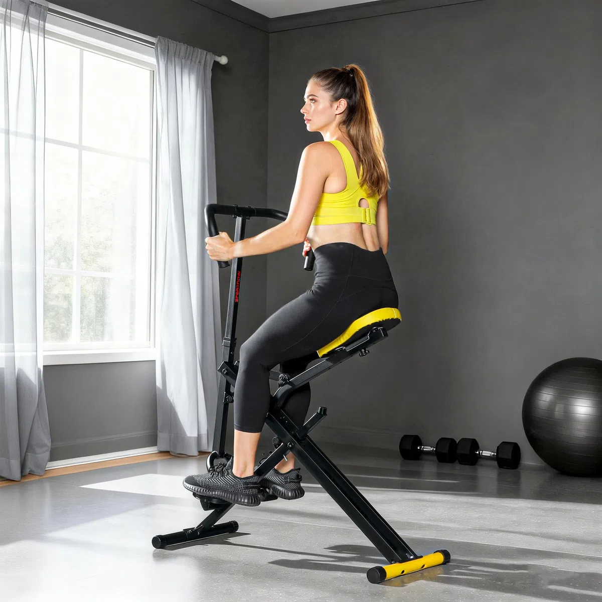 SPORTNOW Macchina Total Crunch Pieghevole con Seduta Regolabile, Macchina Total Power Body Crunch, Allenamento Fitness per Addominali, Corpo, Gambe, Braccia, Glutei, per Casa e Palestra, Giallo