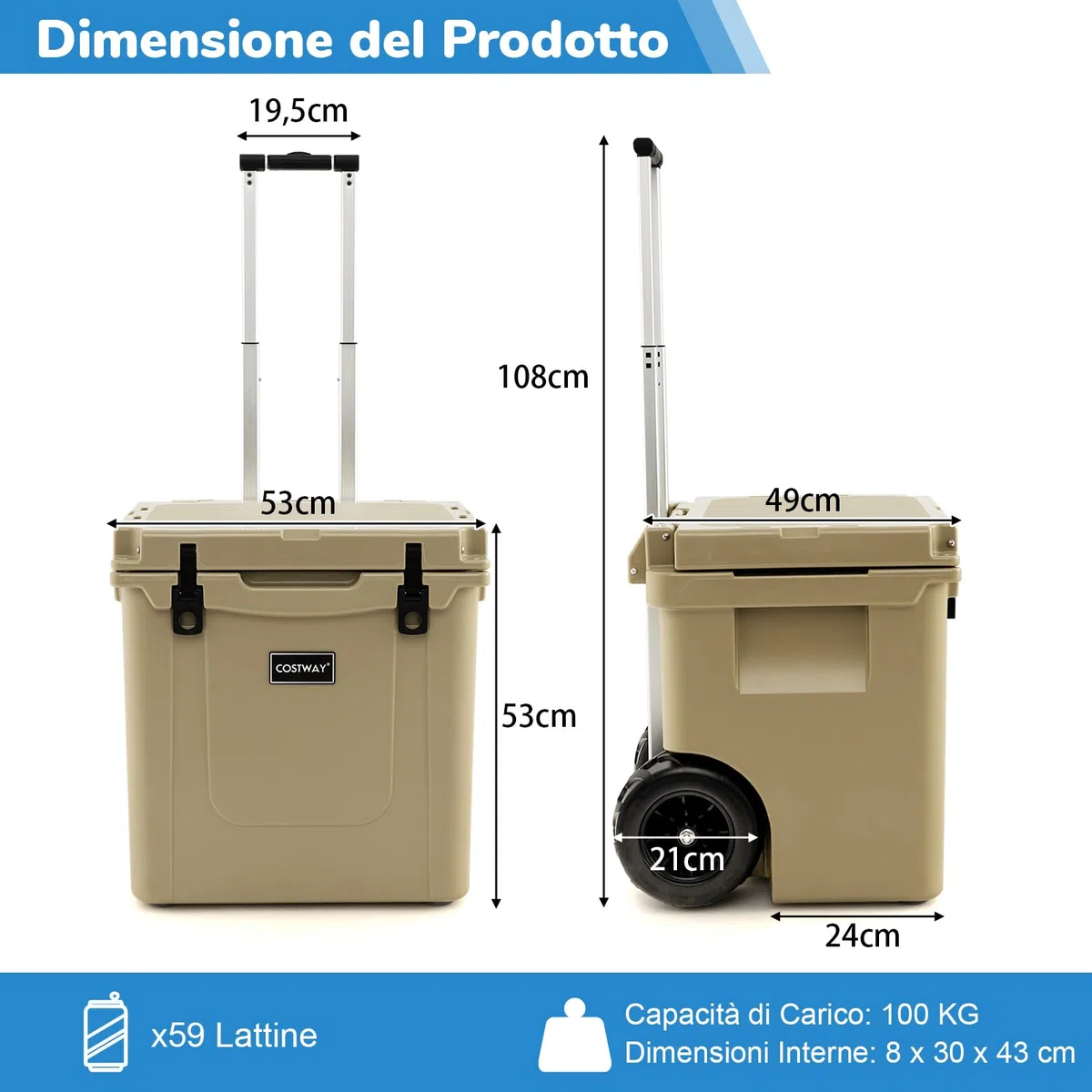 COSTWAY Borsa Frigo Portatile da 43 L, Ghiacciaia Portatile con Ruote, Maniglia in Alluminio, Apribottiglie, Frigo Portatile per Campeggio, Pesca, Viaggi, Spiaggia