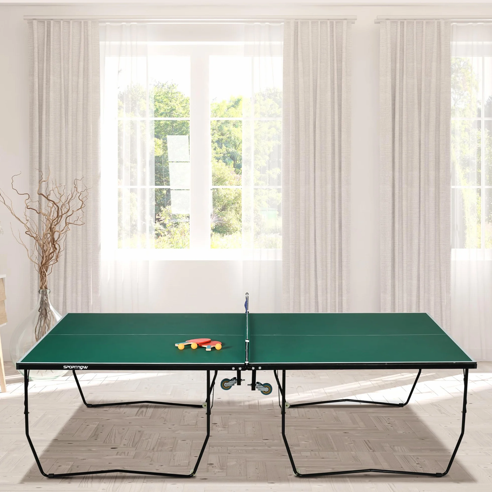 SPORTNOW Tavolo Ping Pong Pieghevole con 8 Ruote, Tavolo da Ping Pong Richiudibile con 2 Racchette, 3 Palline e Rete, 274x152.5x76 cm, Verde Scuro