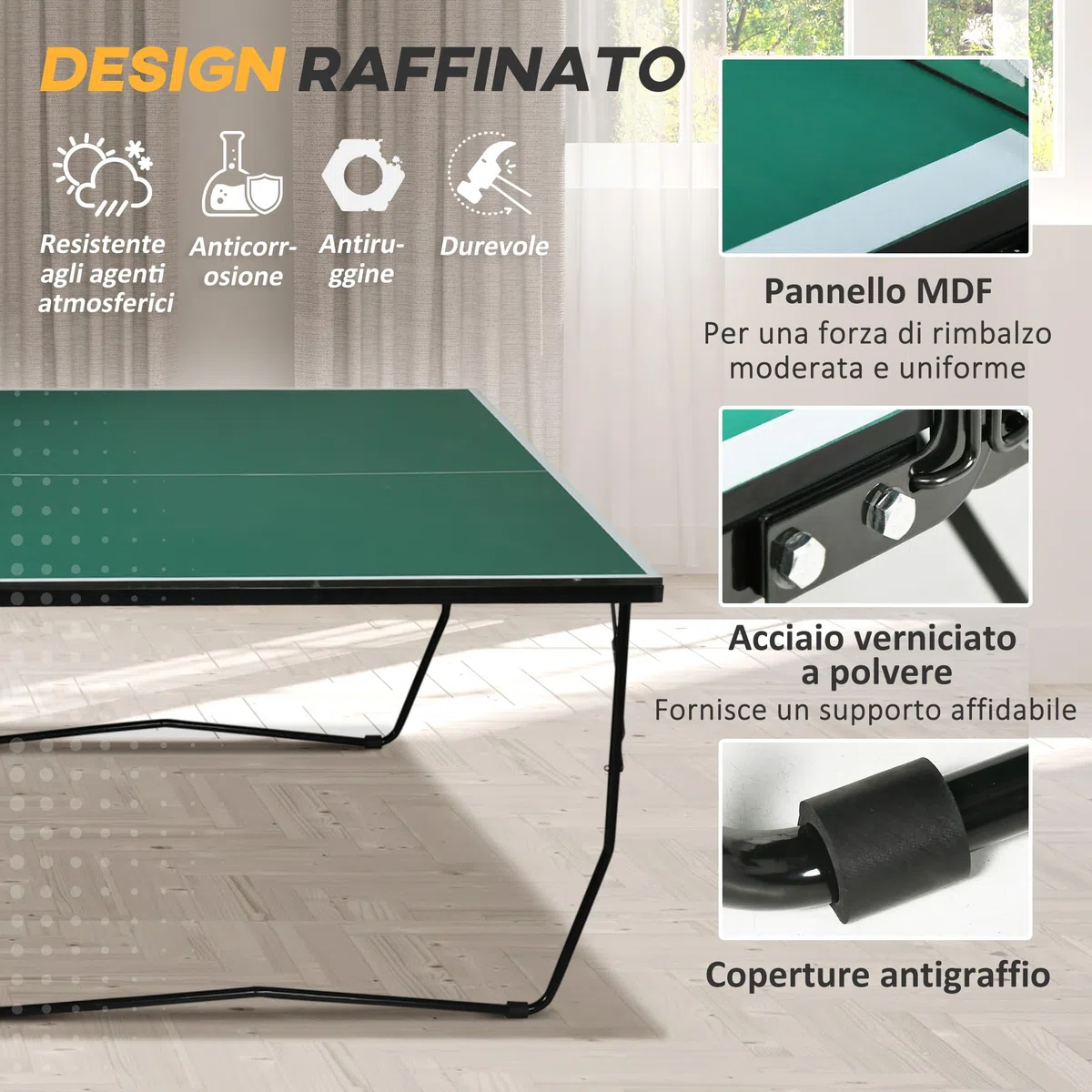 SPORTNOW Tavolo Ping Pong Pieghevole con 8 Ruote, Tavolo da Ping Pong Richiudibile con 2 Racchette, 3 Palline e Rete, 274x152.5x76 cm, Verde Scuro