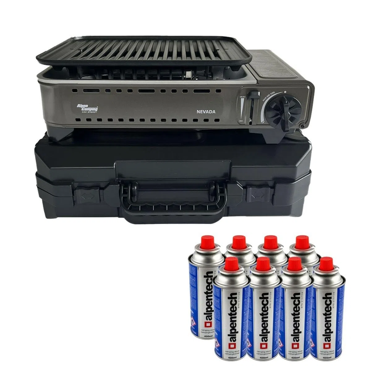 Barbecue a gas portatile Grill 1780 W + 8 cartucce a gas butano accensione piezo + valigetta da campeggio ALPEN