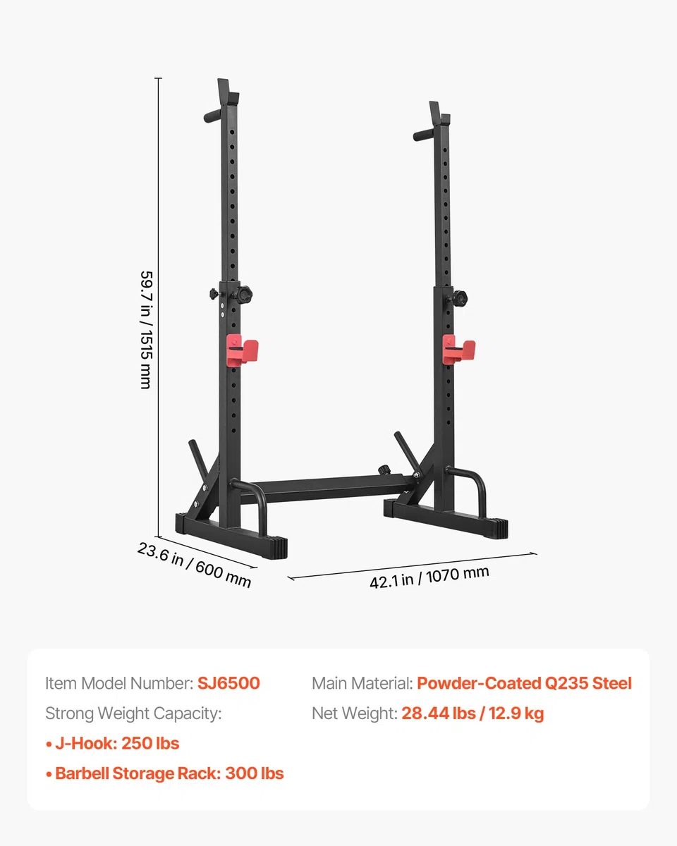 VEVOR Stazione di Forza Sportiva con Altezza e Larghezza Regolabili, Attrezzatura per Allenamento della Forza da 250 kg con Supporti per Bilanciere e Ganci a J per Distensioni su Panca